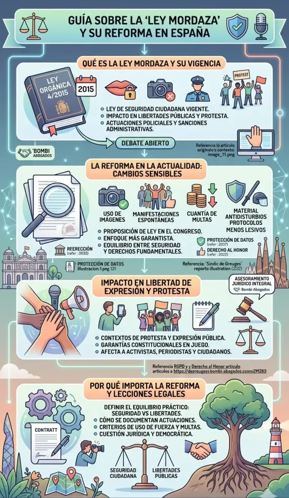 Infografía vertical detallada que explica la Ley Orgánica 4/2015 ("Ley Mordaza"), su impacto en libertades públicas y protestas, los cambios sensibles propuestos en la reforma actual (uso de imágenes, multas, material antidisturbios) y por qué importa el debate legal, ilustrada con iconos y texto en español. Incluye el logo de Bombi Abogados.