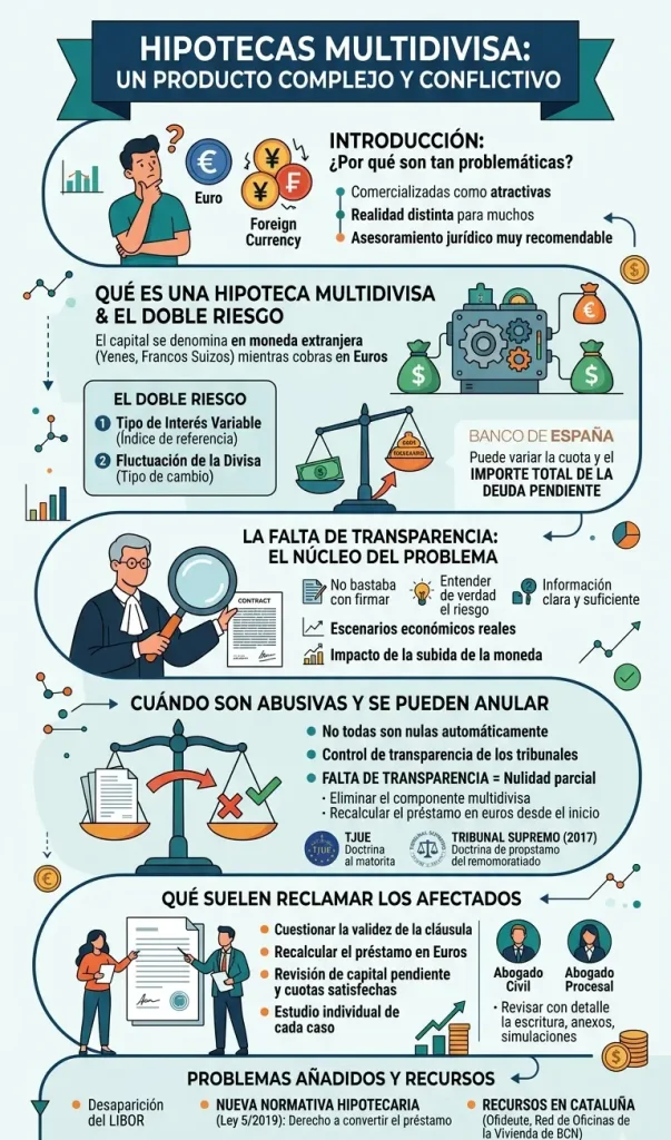 Infografía detallada que explica qué son las hipotecas multidivisa, el doble riesgo que suponen (tipo de interés y divisa), y por qué pueden ser anuladas por falta de transparencia. Incluye información sobre los argumentos de los afectados para reclamar y las normativas relevantes, como el Tribunal Supremo y el Banco de España.