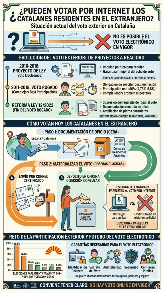 Infografía vertical detallada en español que aclara que los catalanes en el extranjero no pueden votar por internet. Explica la evolución del sistema, el fin del voto rogado y los métodos actuales de voto documental por correo o en consulados. Incluye datos de participación de 2024 y las garantías necesarias para un futuro voto electrónico. El diseño es limpio y utiliza iconos ilustrativos.