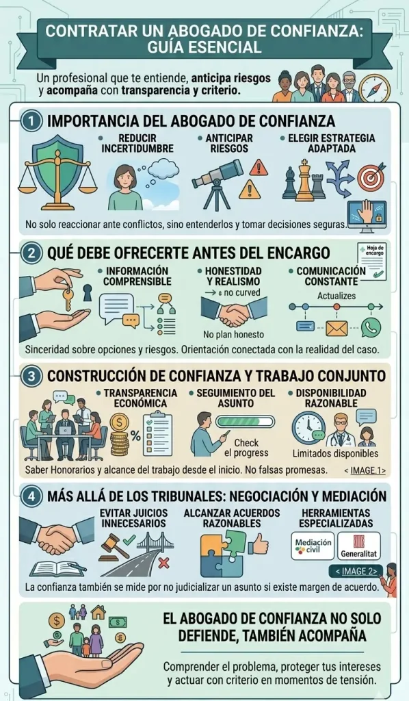 Infografía vertical detallada que explica por qué es importante un abogado de confianza, qué debe ofrecer (hoja de encargo, comunicación), cómo se construye la confianza y el valor de la mediación, con el logo de Bombi Abogados.