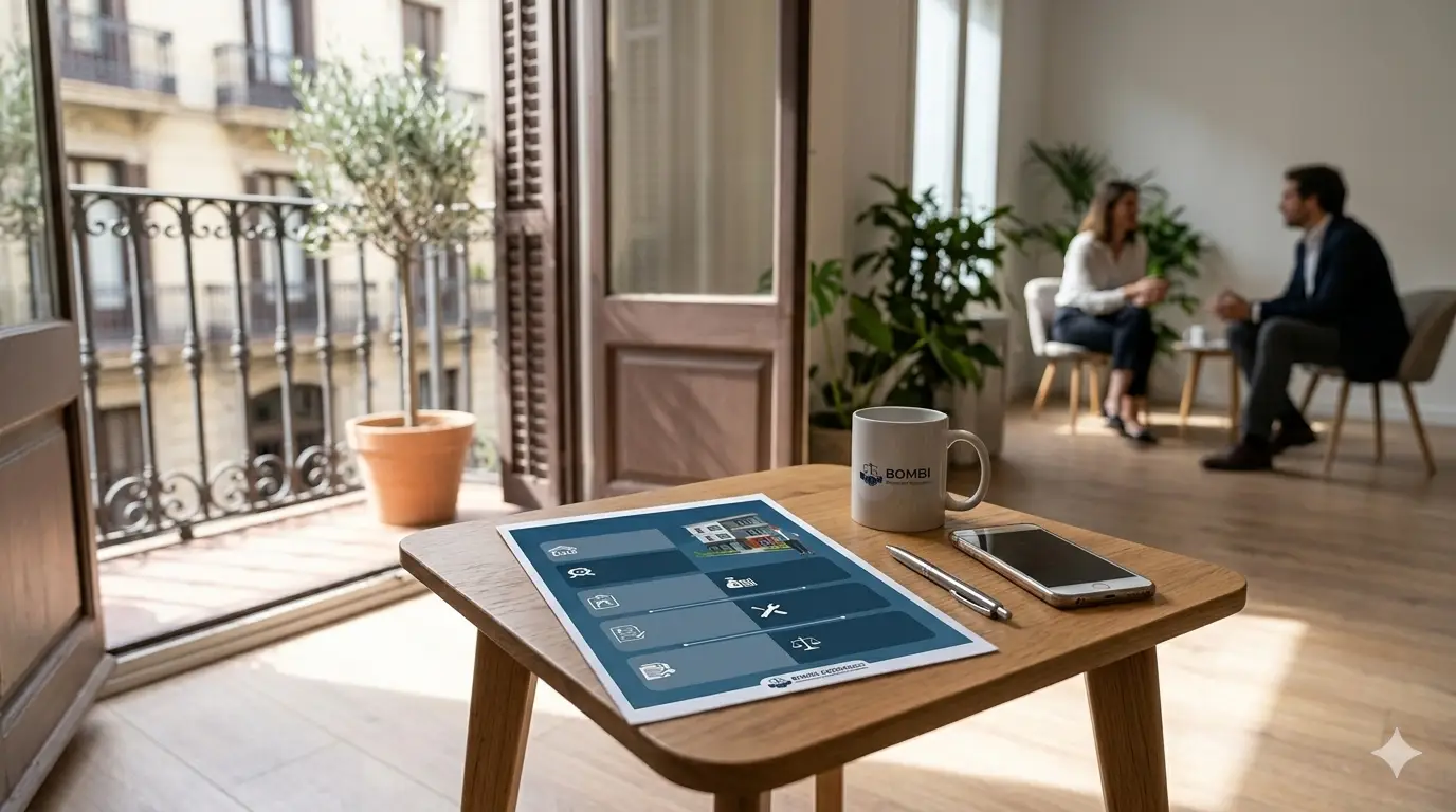 Fotografía realista de una mesa de madera con un smartphone, una pluma y un folleto de diseño visual sin texto legible, en una oficina de Barcelona con un balcón de fondo.