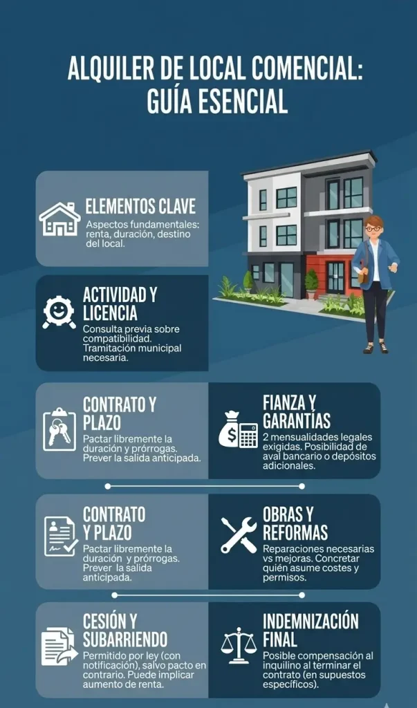 Infografía vertical detallada que resume los 6 puntos clave para alquilar un local comercial: elementos, actividad, contrato, fianza, obras y cesión, con el logo de Bombi Abogados.