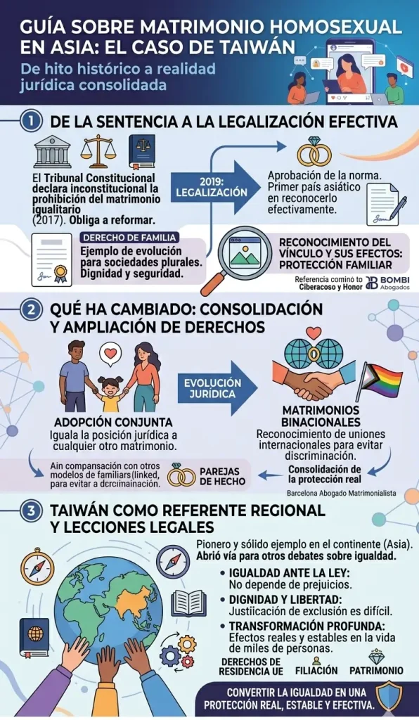 Infografía vertical que detalla el proceso de legalización, la consolidación de derechos (adopción, matrimonios binacionales) y las lecciones legales del matrimonio homosexual en Taiwán, primer país de Asia en reconocerlo.