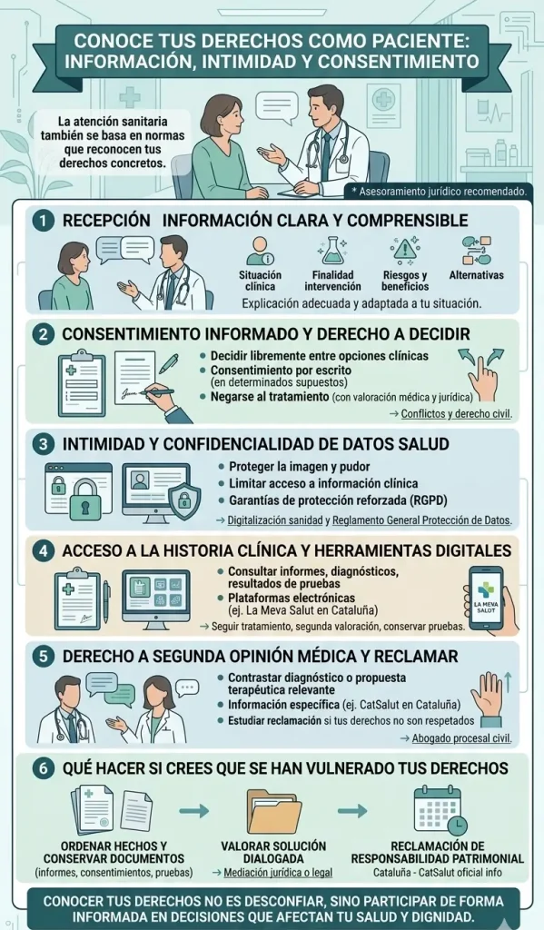 Infografía vertical detallada que explica 6 derechos clave del paciente: información clara, consentimiento informado, intimidad de datos, acceso a historia clínica, segunda opinión y reclamaciones, ilustrada con iconos y texto en español.