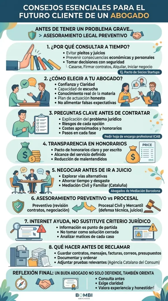 Infografía vertical detallada que ofrece 8 consejos esenciales para futuros clientes de abogados, ilustrados con iconos y texto claro.