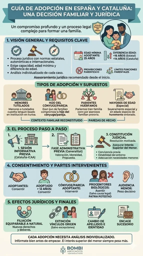 Infografía detallada que explica los requisitos, tipos, etapas (administrativa y judicial), consentimientos y efectos legales del proceso de adopción en España y Cataluña, destacando el interés superior del menor.