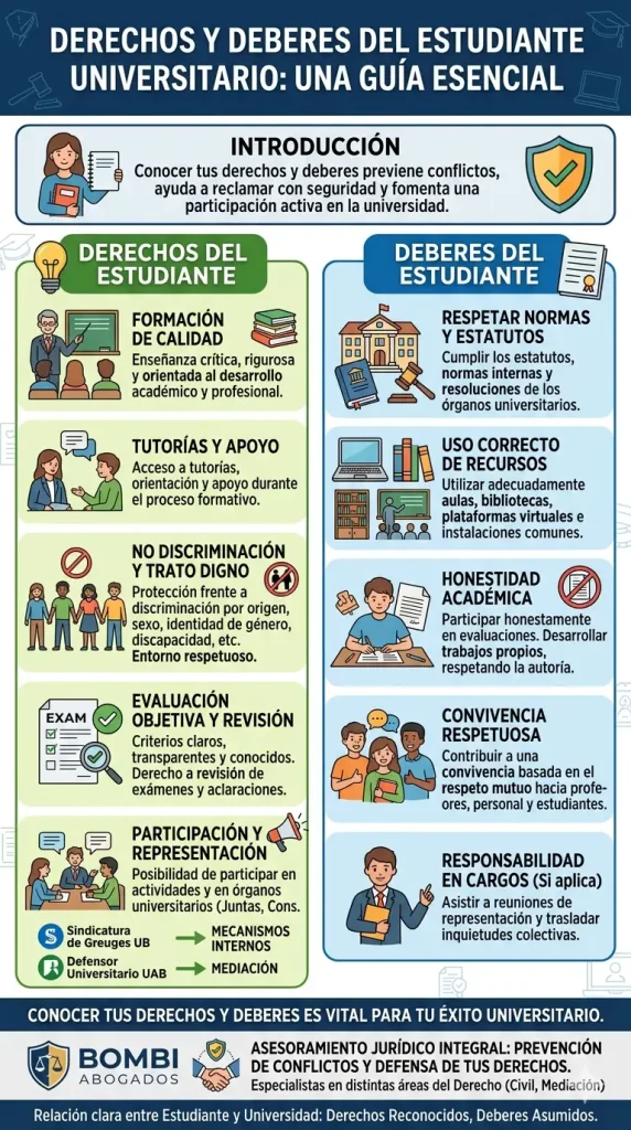 Infografía vertical detallada que enumera y explica los principales derechos y deberes de los estudiantes universitarios, dividida en dos columnas ilustradas.