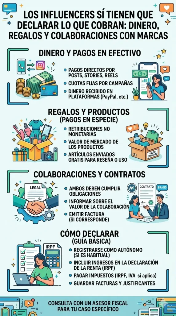 Infografía vertical detallada en español que explica las obligaciones fiscales de los influencers. Muestra que deben declarar ingresos monetarios (pagos directos, cuotas fijas), pagos en especie (regalos, productos gratis) y colaboraciones. Incluye una guía básica sobre cómo declarar, como registrarse como autónomo, incluir ingresos en el IRPF y pagar IVA si aplica, con un consejo final de consultar a un asesor fiscal. El diseño es limpio y utiliza iconos ilustrativos.