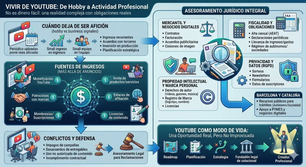 Infografía detallada que explica el proceso de convertir un canal de YouTube de un hobby a una actividad profesional, incluyendo fuentes de ingresos, obligaciones legales y fiscales en España.
