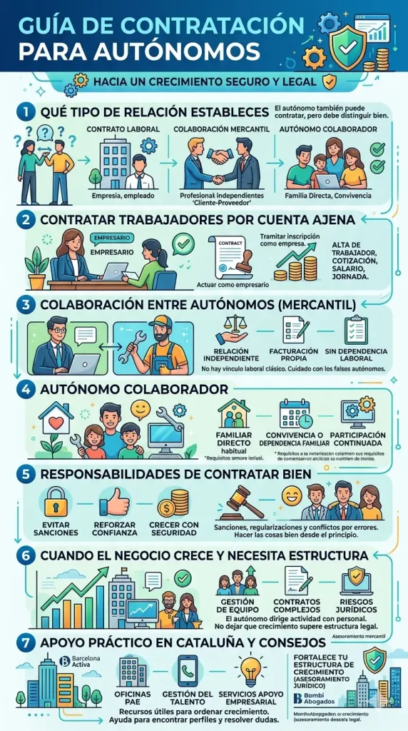Infografía vertical para autónomos detallando los tipos de contratación (laboral, mercantil, autónomo colaborador), obligaciones con la Seguridad Social y consejos para el crecimiento del negocio.