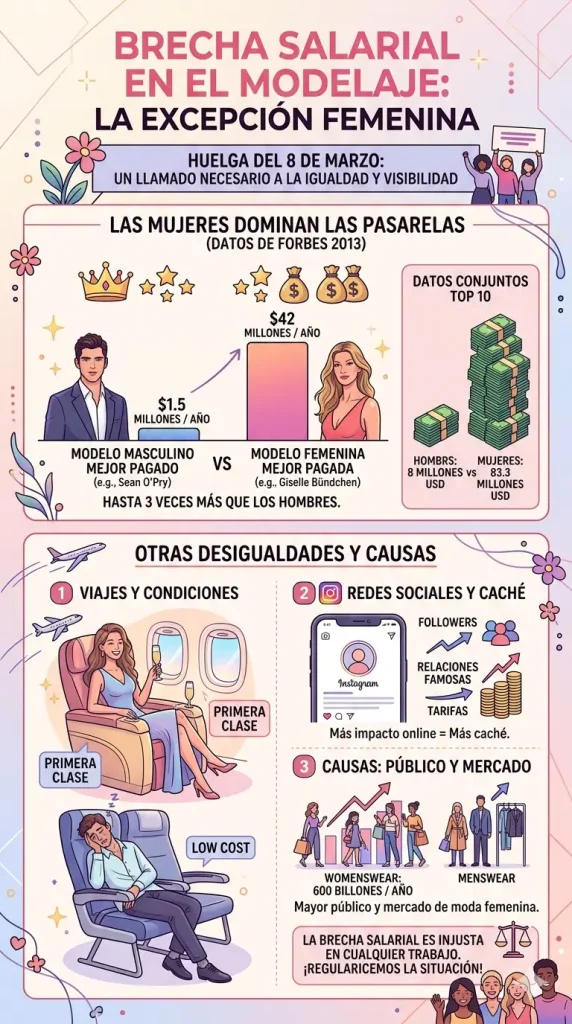 Infografía comparativa sobre la brecha salarial en el modelaje, mostrando ingresos de modelos top, diferencias en condiciones de viaje y el impacto de las redes sociales.