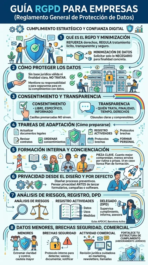 Infografía vertical sobre el Reglamento General de Protección de Datos (RGPD) para empresas, detallando principios de minimización, consentimiento, formación interna y gestión de brechas de seguridad.