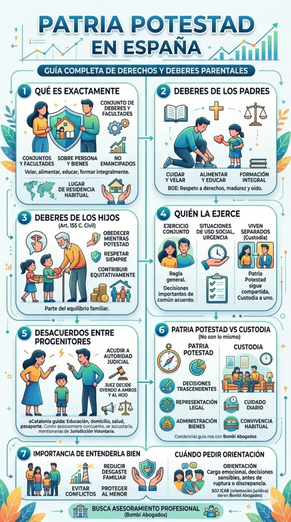 Infografía vertical explicativa sobre la patria potestad en España, diferenciándola de la custodia y detallando los deberes de padres e hijos según el Código Civil.