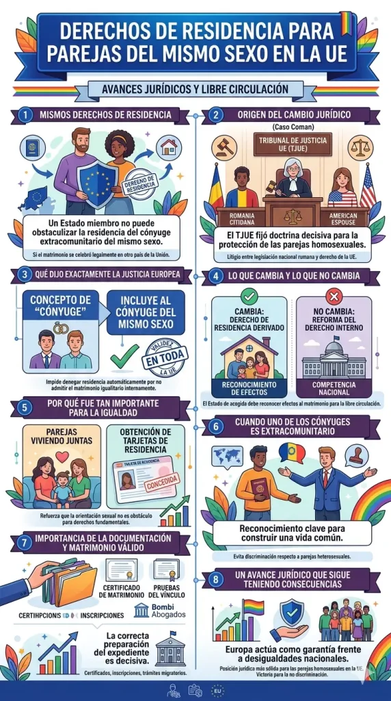 Infografía sobre los derechos de residencia del cónyuge extracomunitario en matrimonios del mismo sexo dentro de la Unión Europea, basada en la doctrina del TJUE.