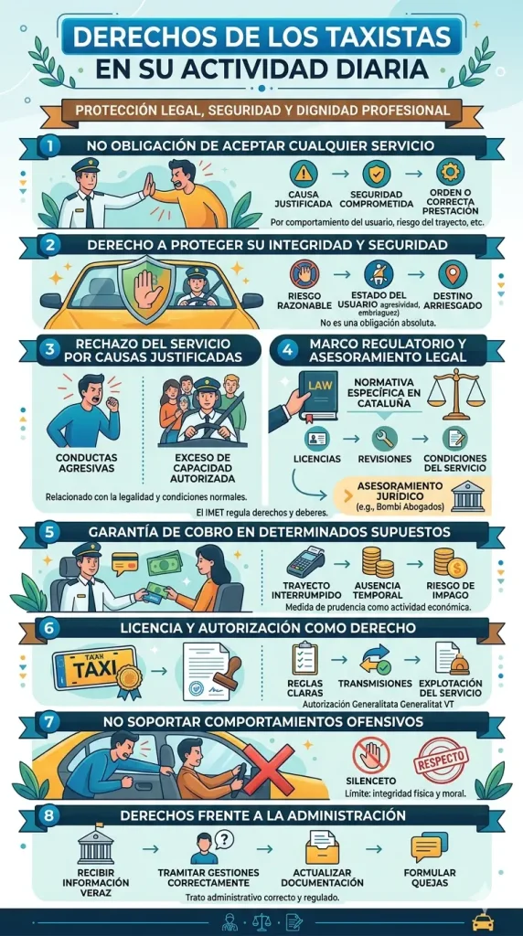 Infografía vertical detallando los derechos de los taxistas, incluyendo el rechazo de servicios por seguridad, garantía de cobro y marco regulatorio en Cataluña.