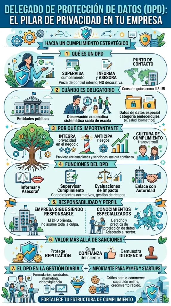 Infografía vertical sobre las funciones, importancia y obligatoriedad del Delegado de Protección de Datos (DPD) en empresas y startups según el RGPD.
