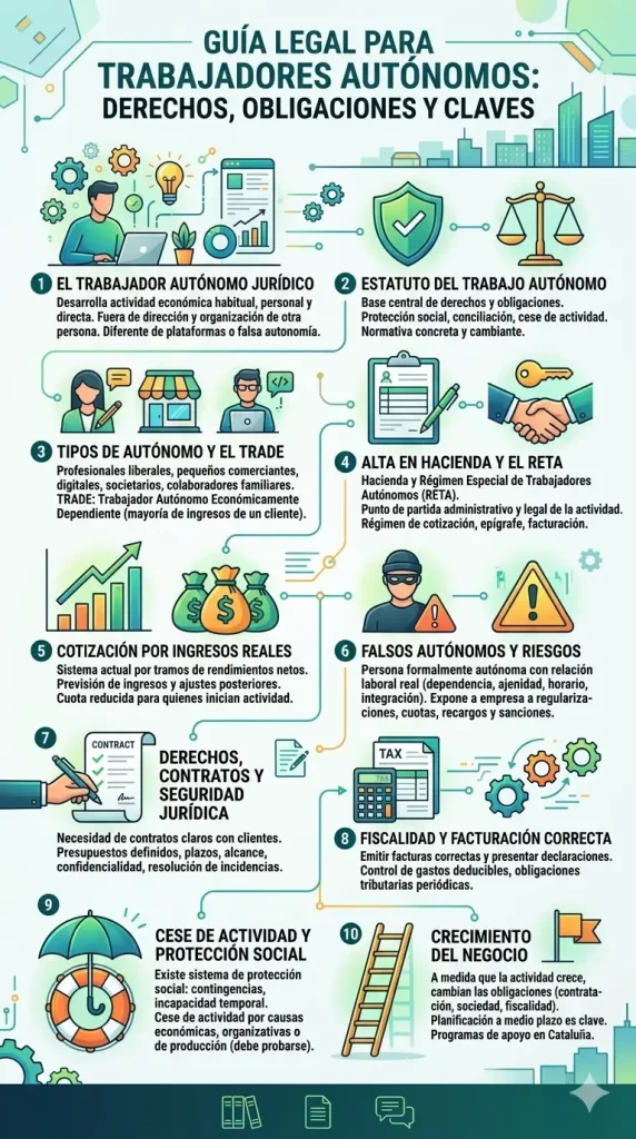 Infografía vertical que detalla la guía legal para autónomos. Cubre definición jurídica, estatuto, tipos (TRADE), alta en RETA, cotización por ingresos reales, falsos autónomos, contratos, fiscalidad, cese de actividad y crecimiento del negocio.
