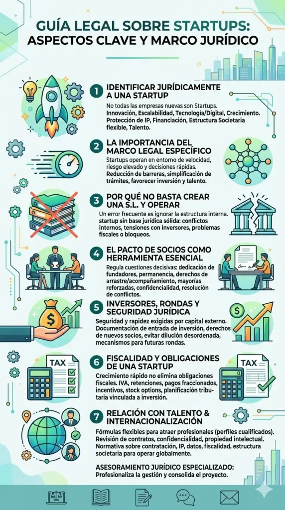 Infografía vertical que detalla el marco legal y aspectos clave para startups. Cubre identificación jurídica, importancia de una legislación específica, riesgos de operar sin base sólida, pactos de socios, rondas de inversión, fiscalidad, talento e internacionalización.
