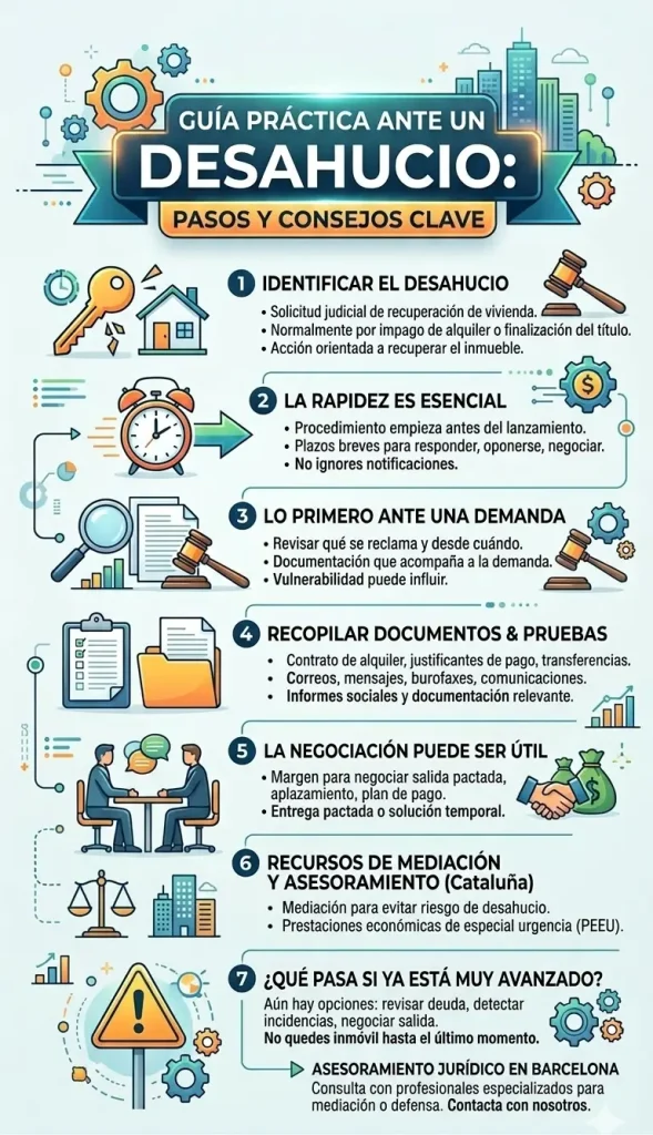 Infografía vertical con pasos legales ante un desahucio. Cubre plazos, demanda y negociación.