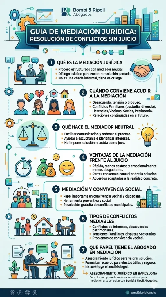 Infografía vertical que explica la mediación jurídica como método de resolución de conflictos sin llegar a juicio. Detalla qué es, cuándo conviene usarla (familia, herencias, vecinos, socios), las funciones del mediador neutral, ventajas (rapidez, menor coste), tipos de conflictos mediables y el papel del abogado en el proceso.