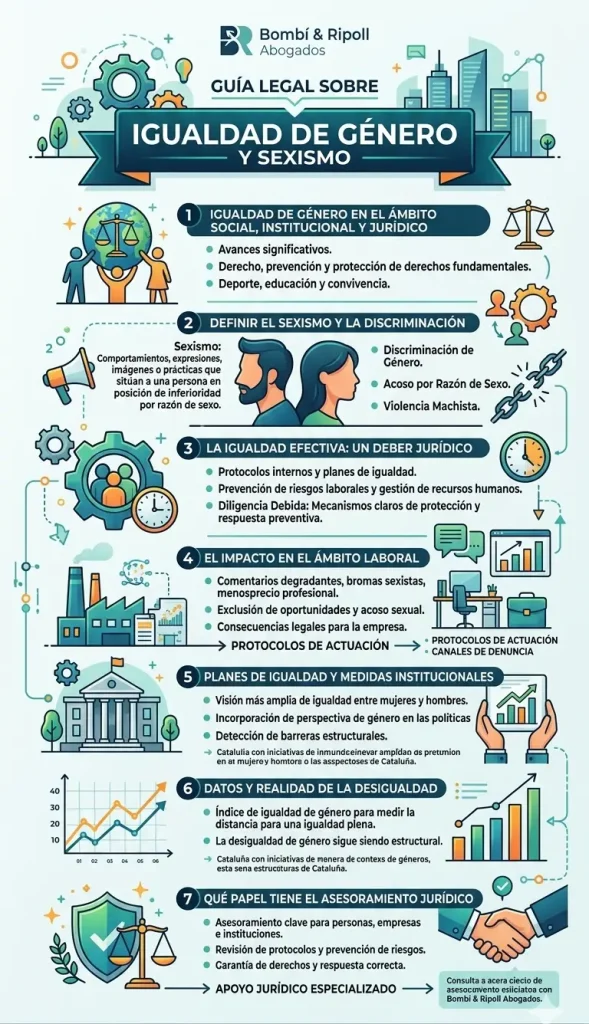 Infografía vertical de Bombí & Ripoll Abogados sobre igualdad de género y sexismo desde una perspectiva legal. Cubre la definición de sexismo, el deber jurídico de igualdad, el impacto en el ámbito laboral, planes de igualdad, realidad de la desigualdad y la importancia del asesoramiento jurídico especializado.