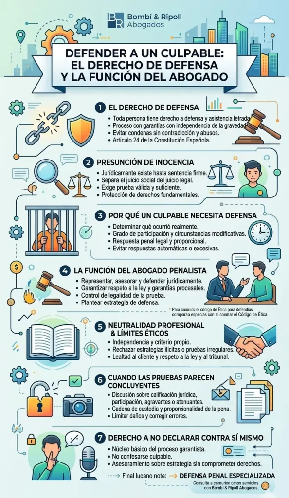 Infografía vertical de Abogados que explica el derecho de defensa incluso para personas culpables. Detalla la función del abogado penalista, la presunción de inocencia, los límites éticos y las garantías procesales fundamentales en el sistema judicial español.