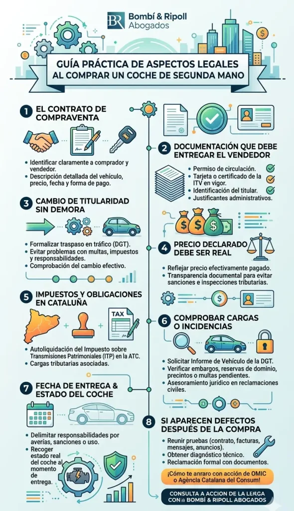 Infografía vertical de Bombí & Ripoll Abogados sobre los aspectos legales al comprar un coche de segunda mano. Cubre el contrato, documentación necesaria, cambio de titularidad, precio real, impuestos en Cataluña, comprobación de cargas y qué hacer ante defectos post-venta.