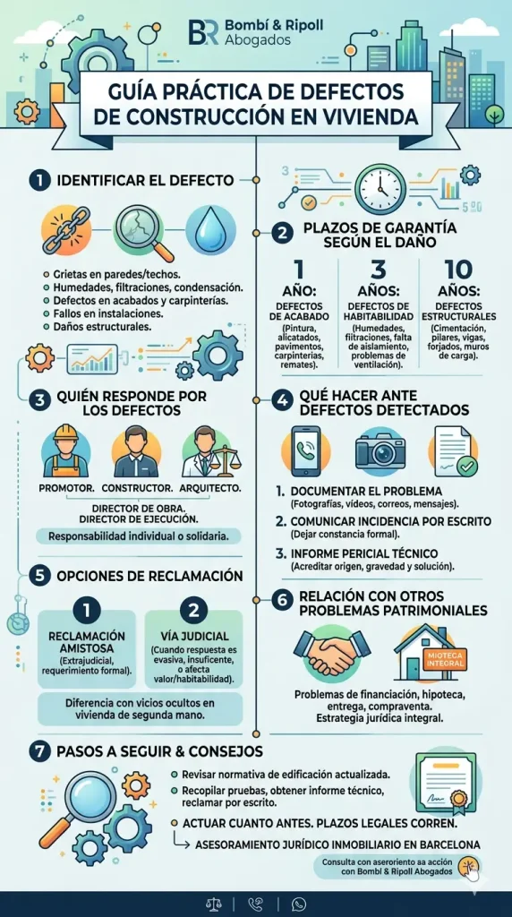 Infografía vertical de Bombí & Ripoll Abogados sobre cómo reclamar defectos de construcción en viviendas. Detalla plazos de garantía (1, 3 y 10 años), agentes responsables, pasos a seguir (documentar, comunicar, peritaje) y opciones de reclamación (amistosa o judicial).