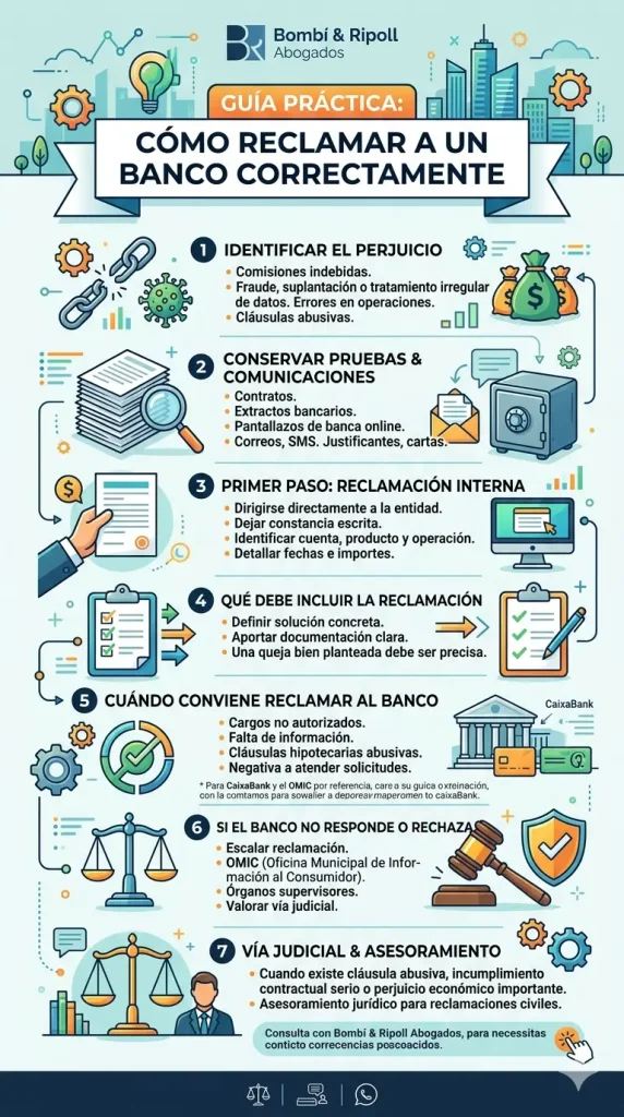 Infografía en español titulada 'Guía Práctica: Cómo reclamar a un banco correctamente' de Bombí & Ripoll Abogados. Muestra siete pasos clave con iconos: 1. Identificar el perjuicio; 2. Conservar pruebas; 3. Reclamación interna; 4. Qué incluir; 5. Cuándo reclamar; 6. Si no responden o rechazan; 7. Vía judicial y asesoramiento. El diseño es moderno y limpio.