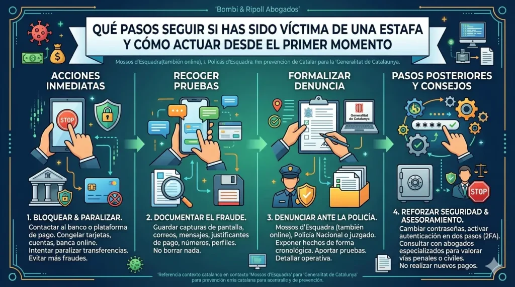 Infografía que detalla los cuatro pasos clave a seguir tras sufrir una estafa: 1. Acciones Inmediatas (bloquear cuentas y tarjetas); 2. Recoger Pruebas (documentar el fraude); 3. Formalizar Denuncia (ante la policía o juzgado); 4. Pasos Posteriores y Consejos (reforzar seguridad y buscar asesoramiento).