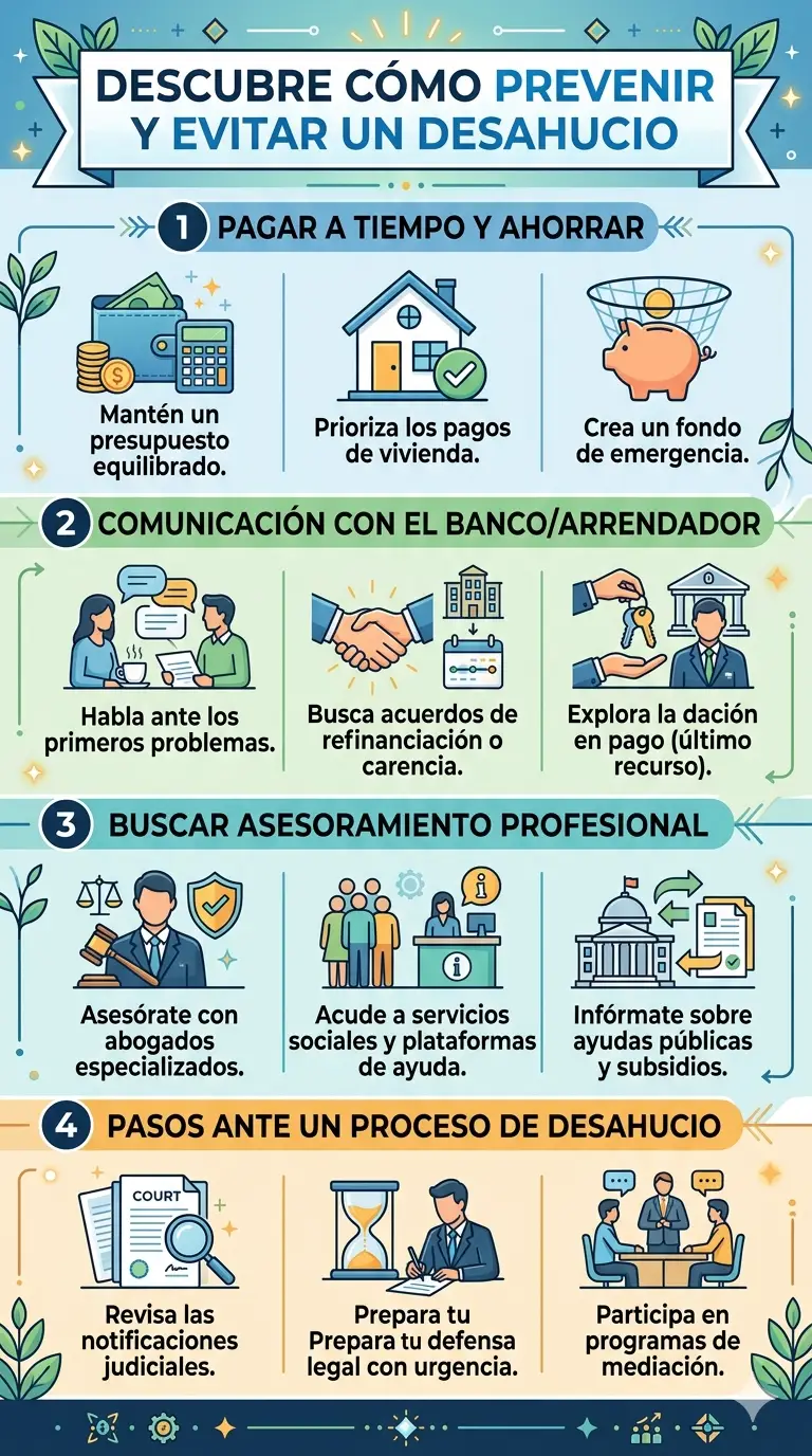 Infografía en cuatro pasos sobre cómo prevenir y evitar un desahucio. Incluye consejos para ahorrar, comunicarse con el banco o arrendador, buscar asesoramiento profesional y los pasos a seguir ante un proceso judicial.