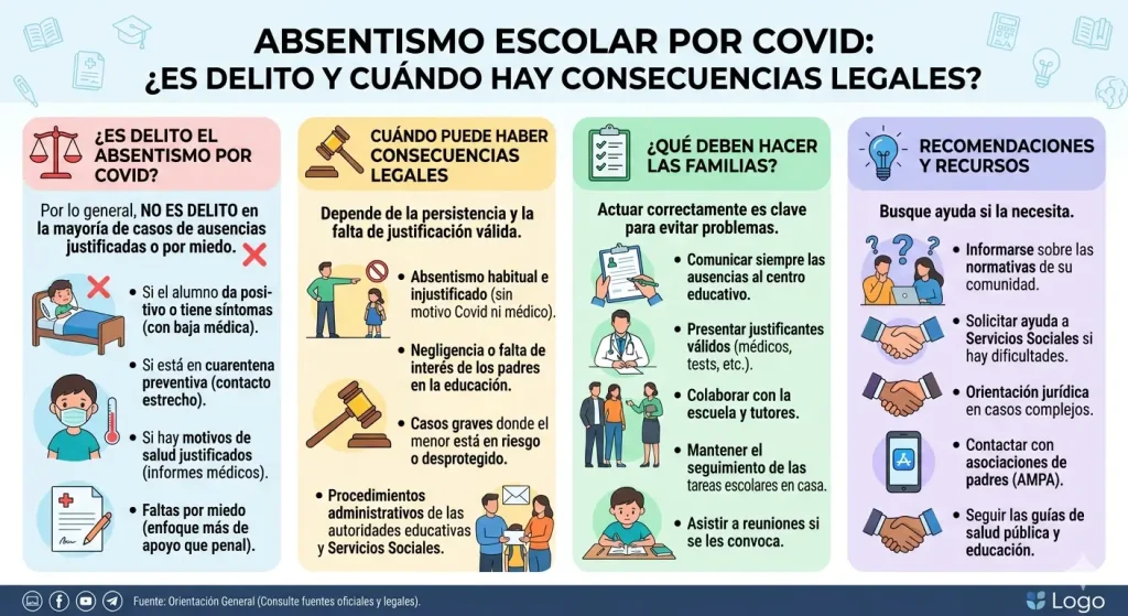 Infografía informativa sobre el absentismo escolar por COVID, detallando cuándo es delito, consecuencias legales para las familias y pasos a seguir para actuar correctamente ante faltas justificadas.