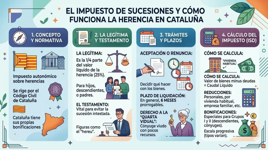 Infografía sobre el impuesto de sucesiones y herencias en Cataluña: procesos, legítima del 25% y bonificaciones fiscales.