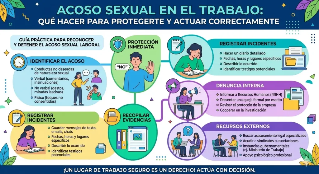 Infografía guía sobre cómo actuar ante el acoso sexual laboral.