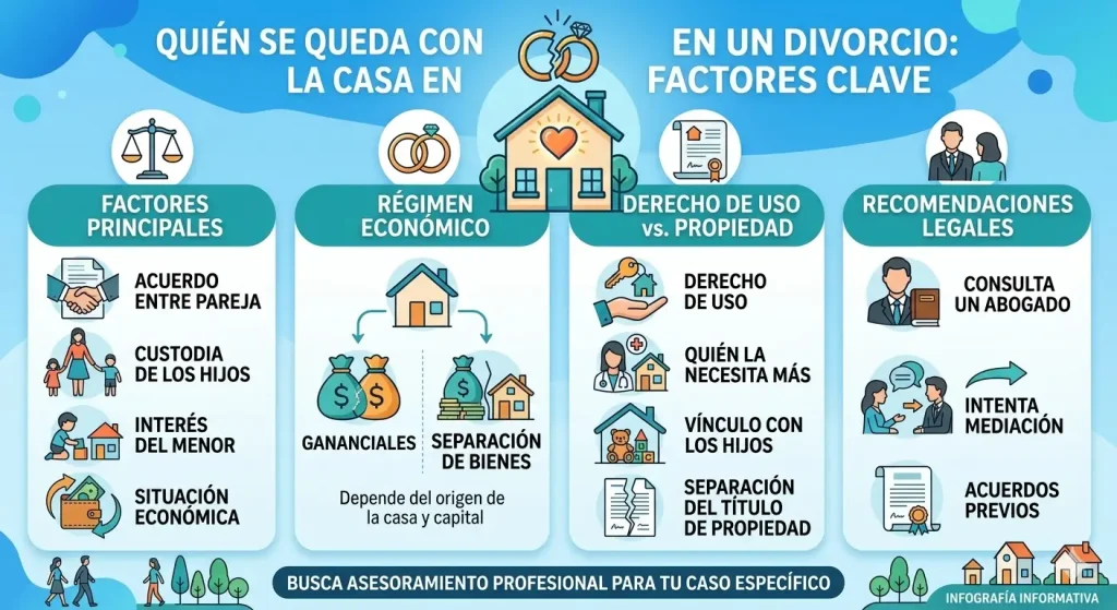 Infografía que explica quién se queda con la vivienda tras un divorcio. Detalla factores como el acuerdo entre la pareja, la custodia de los hijos, el interés del menor y la situación económica. Compara el régimen de gananciales frente a la separación de bienes y distingue entre el derecho de uso y la propiedad del inmueble.