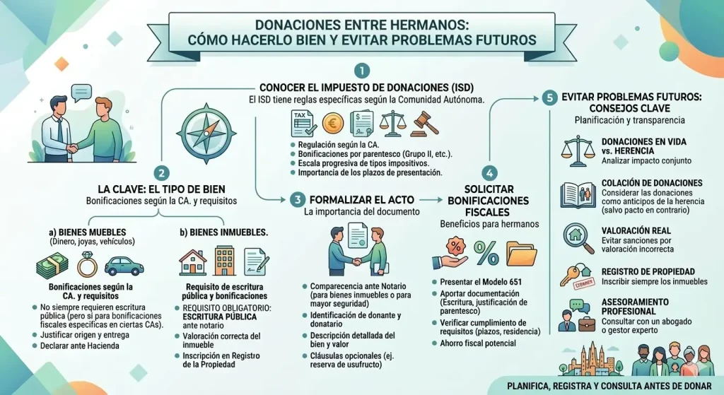 Infografía que explica cómo realizar donaciones entre hermanos de forma legal. Detalla los pasos para declarar el impuesto, la diferencia entre donar dinero o inmuebles, las bonificaciones por parentesco y recomendaciones para evitar problemas en la futura herencia.