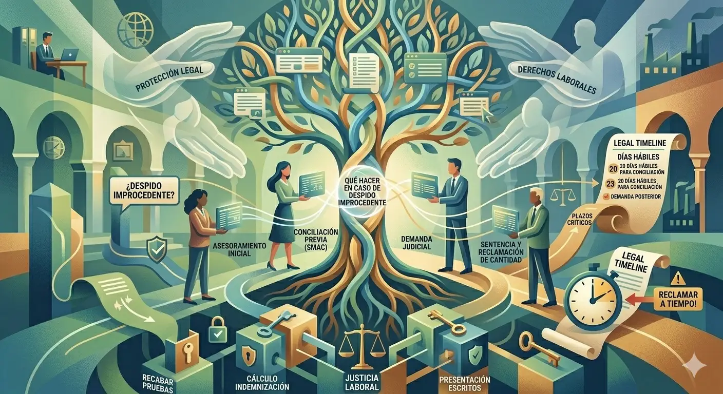 Infografía detallada sobre los pasos ante un despido improcedente, incluyendo asesoramiento inicial, conciliación en el SMAC, demanda judicial y una línea de tiempo con los plazos críticos de 20 días hábiles para reclamar.