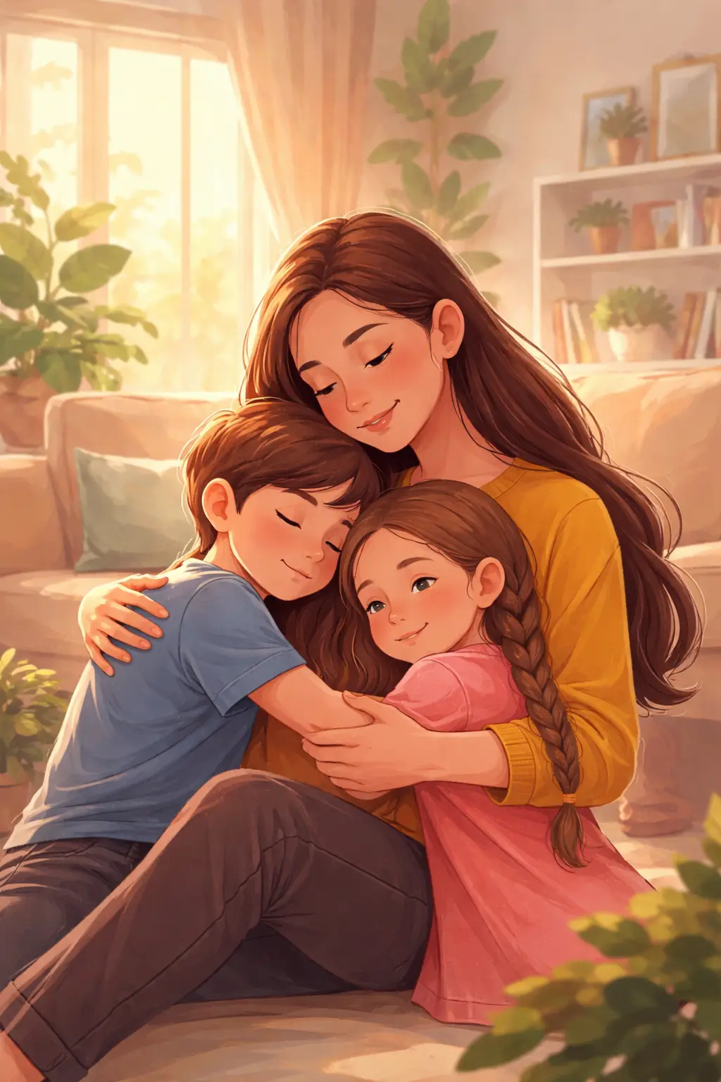 Ilustración abstracta de una madre abrazando a sus dos hijos en un entorno de estabilidad y protección familiar