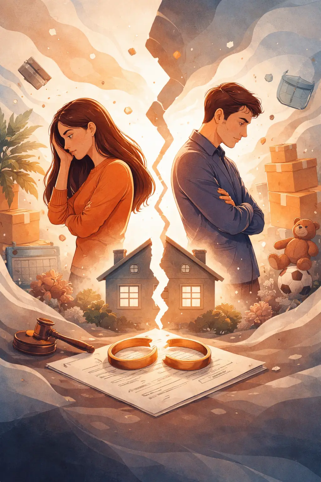 Ilustración abstracta de una pareja separada con símbolos de ruptura matrimonial y consecuencias legales familiares