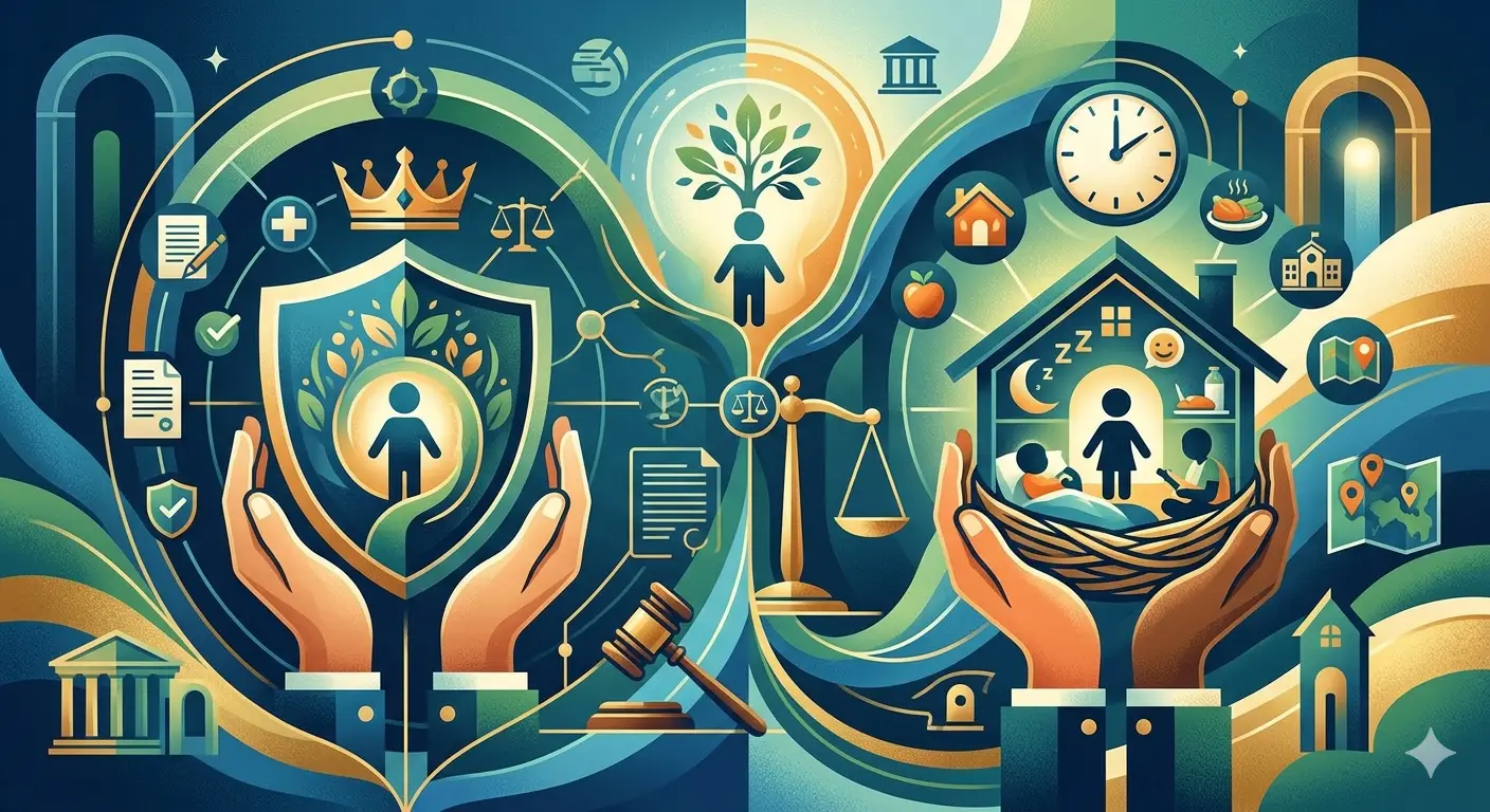 Ilustración abstracta sobre la diferencia entre patria potestad y custodia con símbolos de protección legal, cuidado diario y decisiones sobre menores