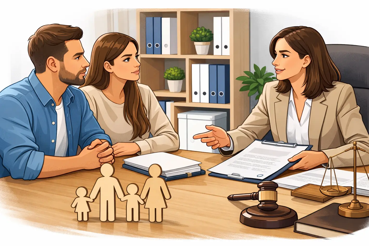 Ilustración de una pareja con su abogada revisando un acuerdo sobre la custodia de sus hijos tras la separación