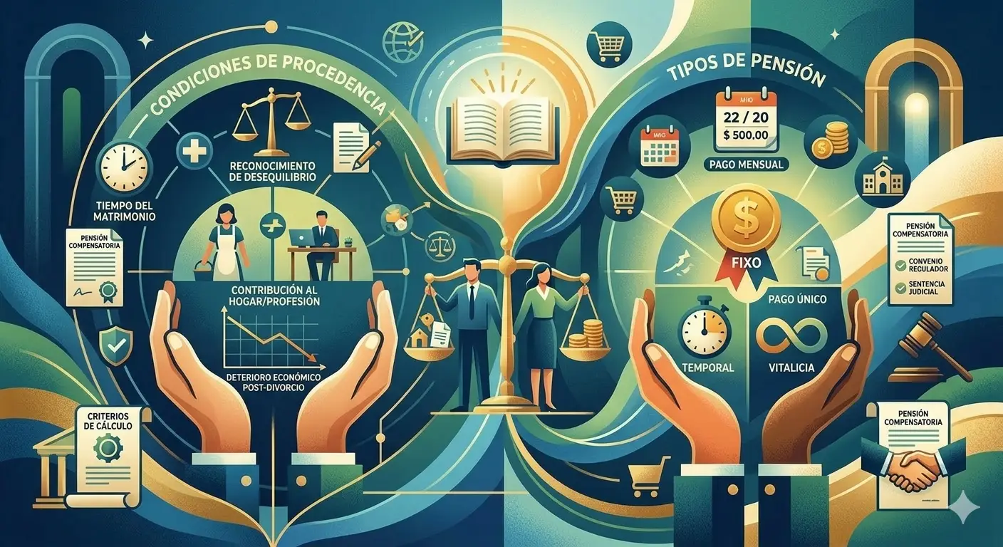 Ilustración abstracta sobre la pensión compensatoria tras un divorcio, mostrando una balanza de justicia que equilibra la contribución al hogar y la situación económica profesional de los cónyuges.