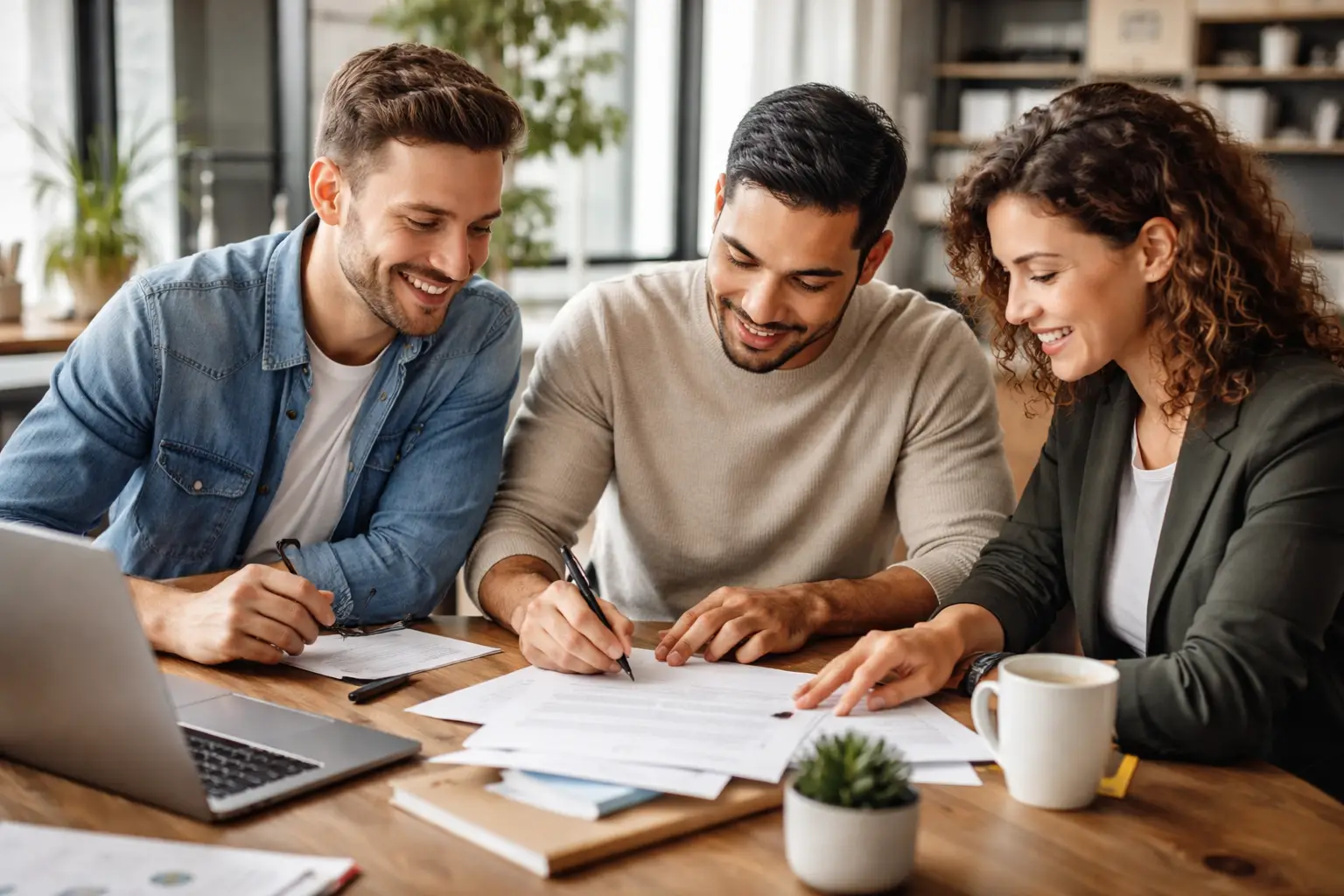 Equipo de cofundadores revisando un pacto de socios en una startup en Barcelona en una oficina moderna