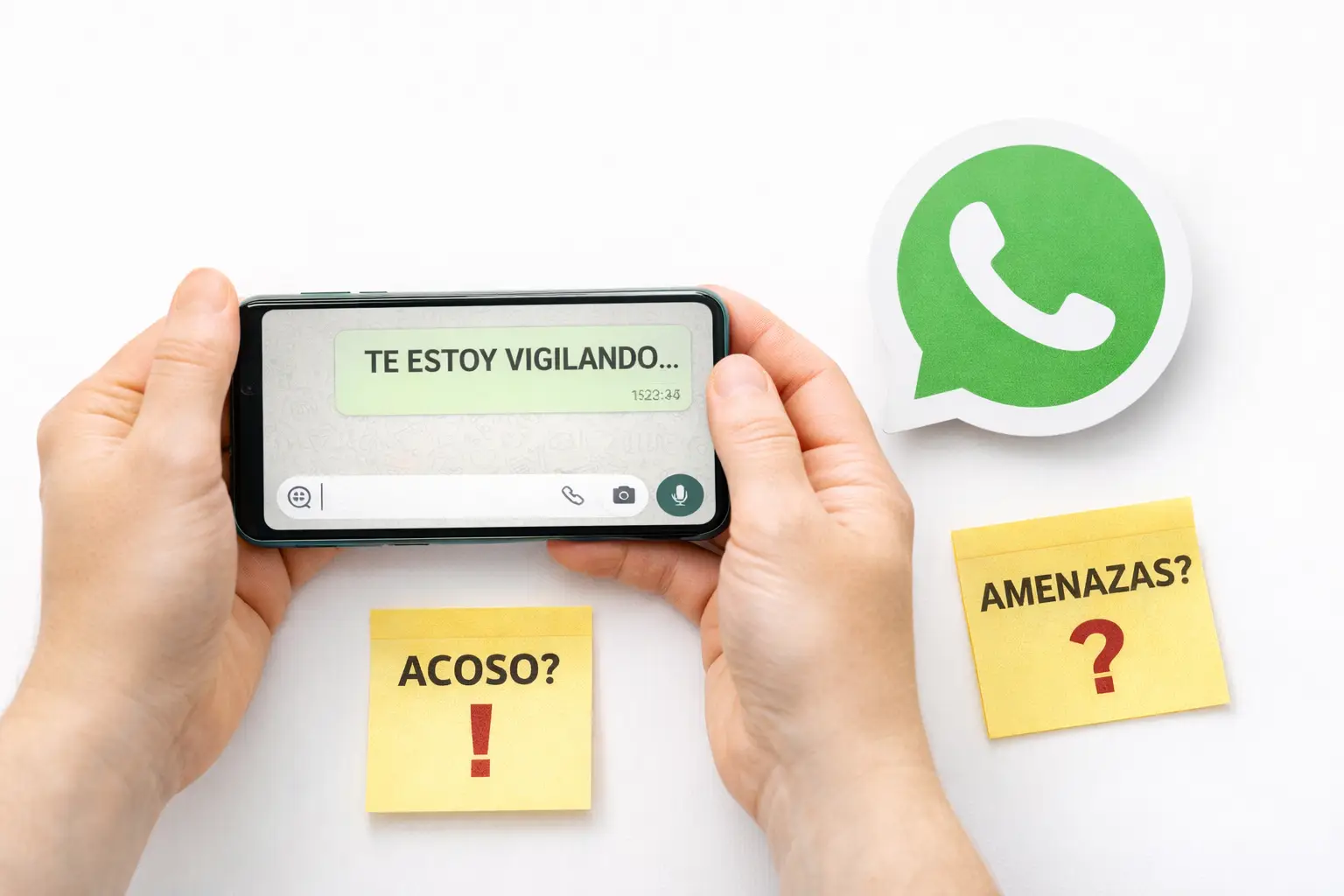 manos sosteniendo un smartphone con una conversacion de whatsapp neutra y el logo de whatsapp sobre fondo blanco, concepto de acoso digital y evidencias
