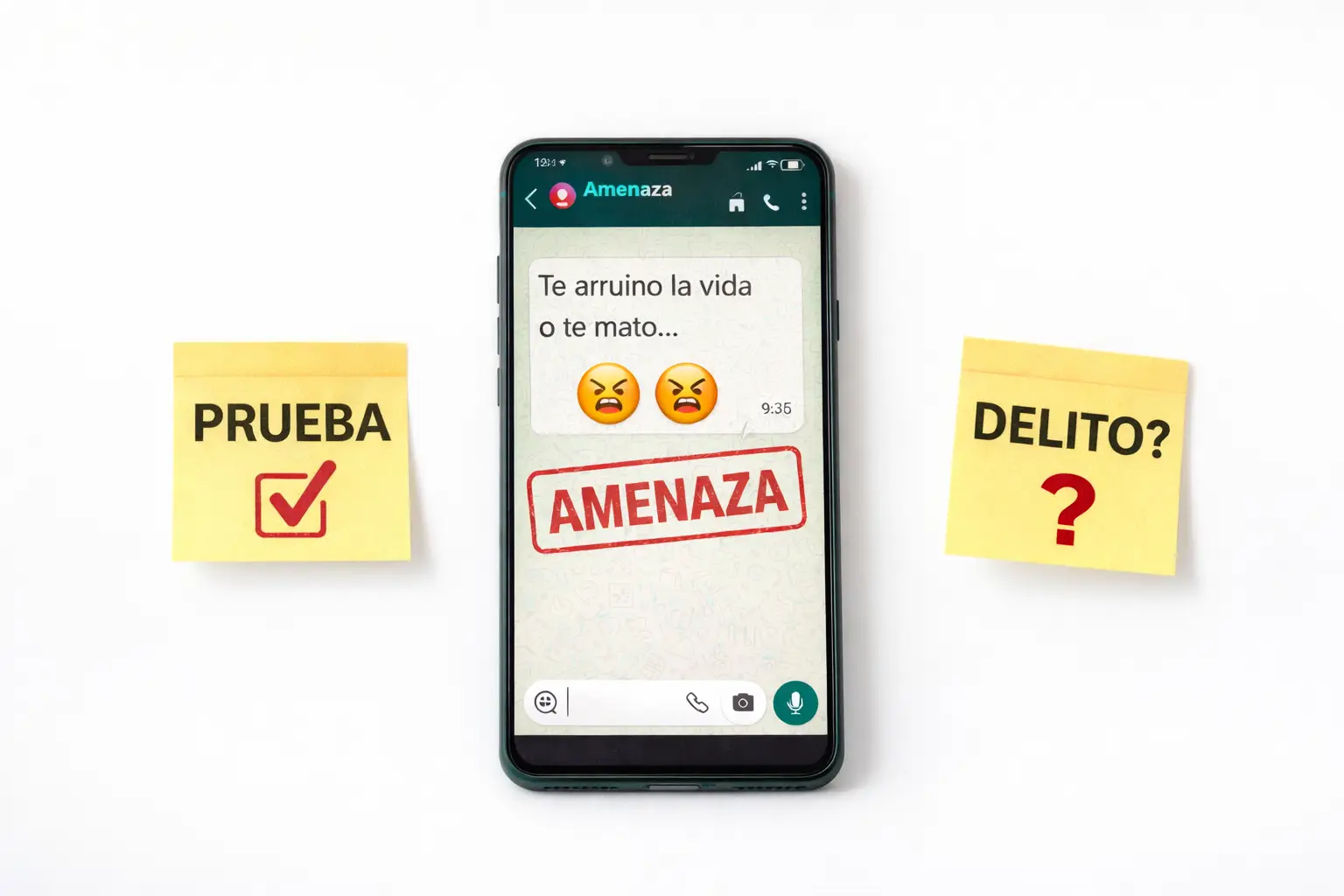 martphone con conversacion de whatsapp con amenazas y notas de prueba y delito sobre fondo blanco, concepto de evidencias digitales