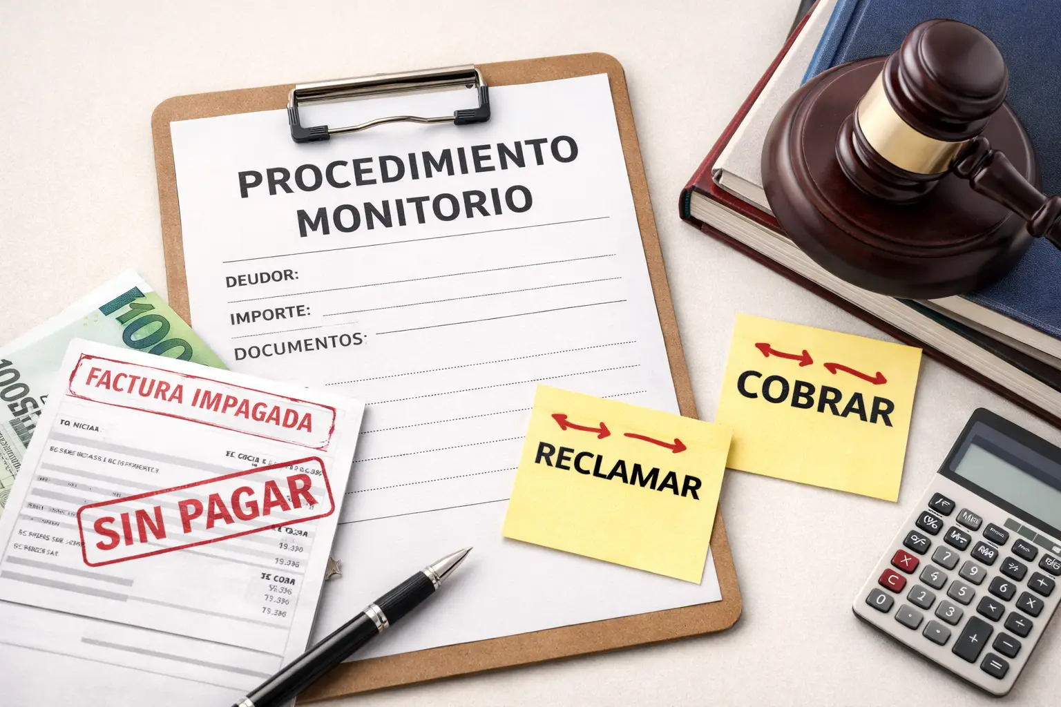 documento de procedimiento monitorio junto a una factura impagada y elementos de oficina que representan el cobro de deudas