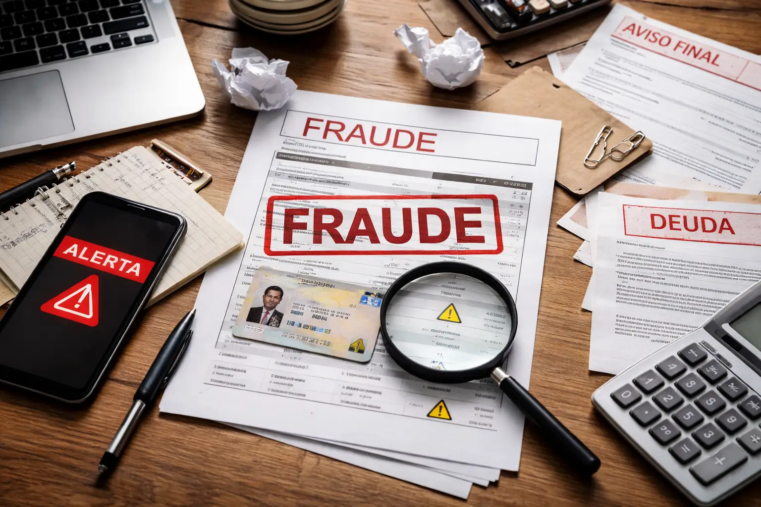 mesa con documentos y avisos de fraude y deuda, movil con alerta y lupa revisando papeles relacionados con suplantacion de identidad