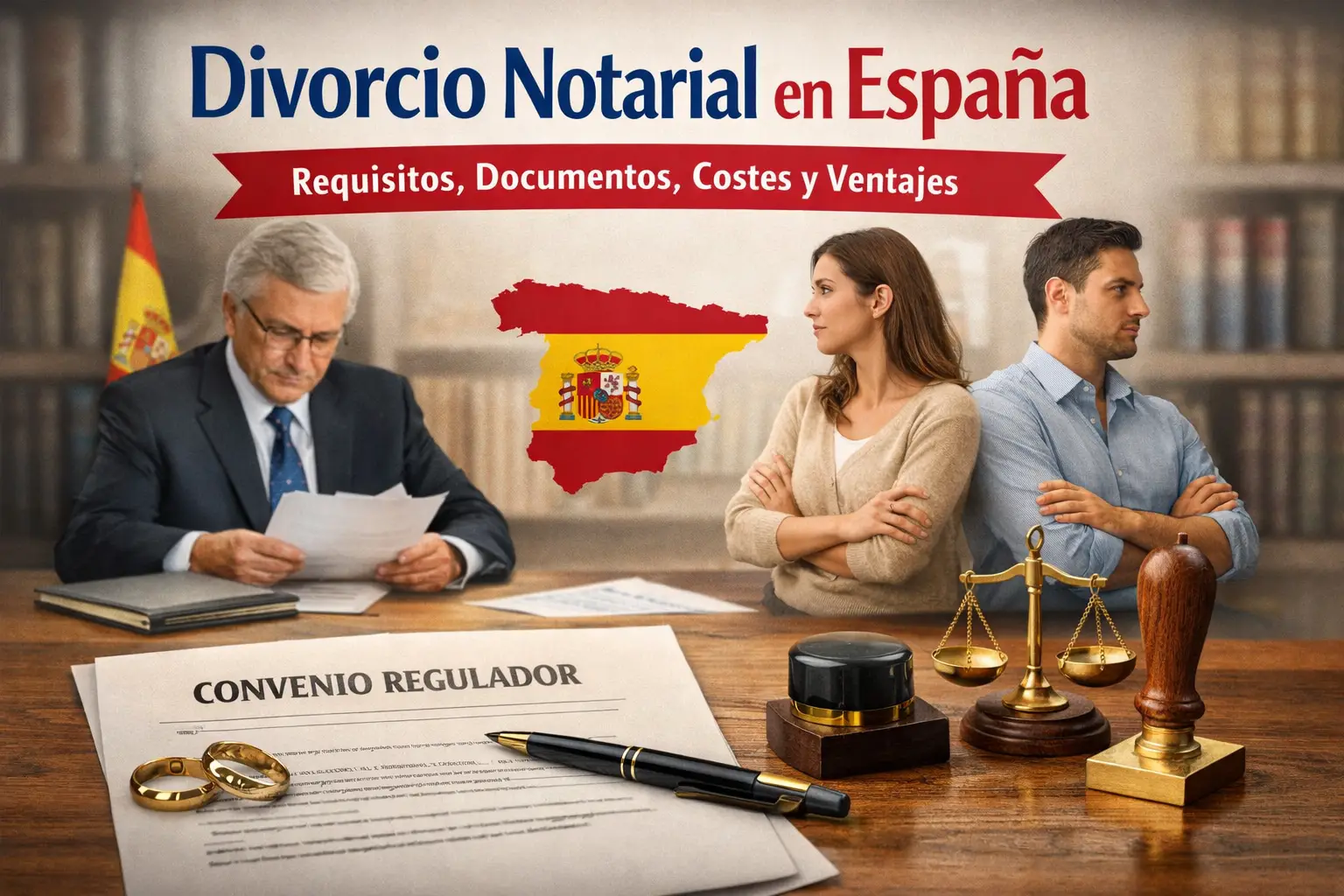 Abogado y pareja firmando un divorcio notarial en España con convenio regulador sobre la mesa