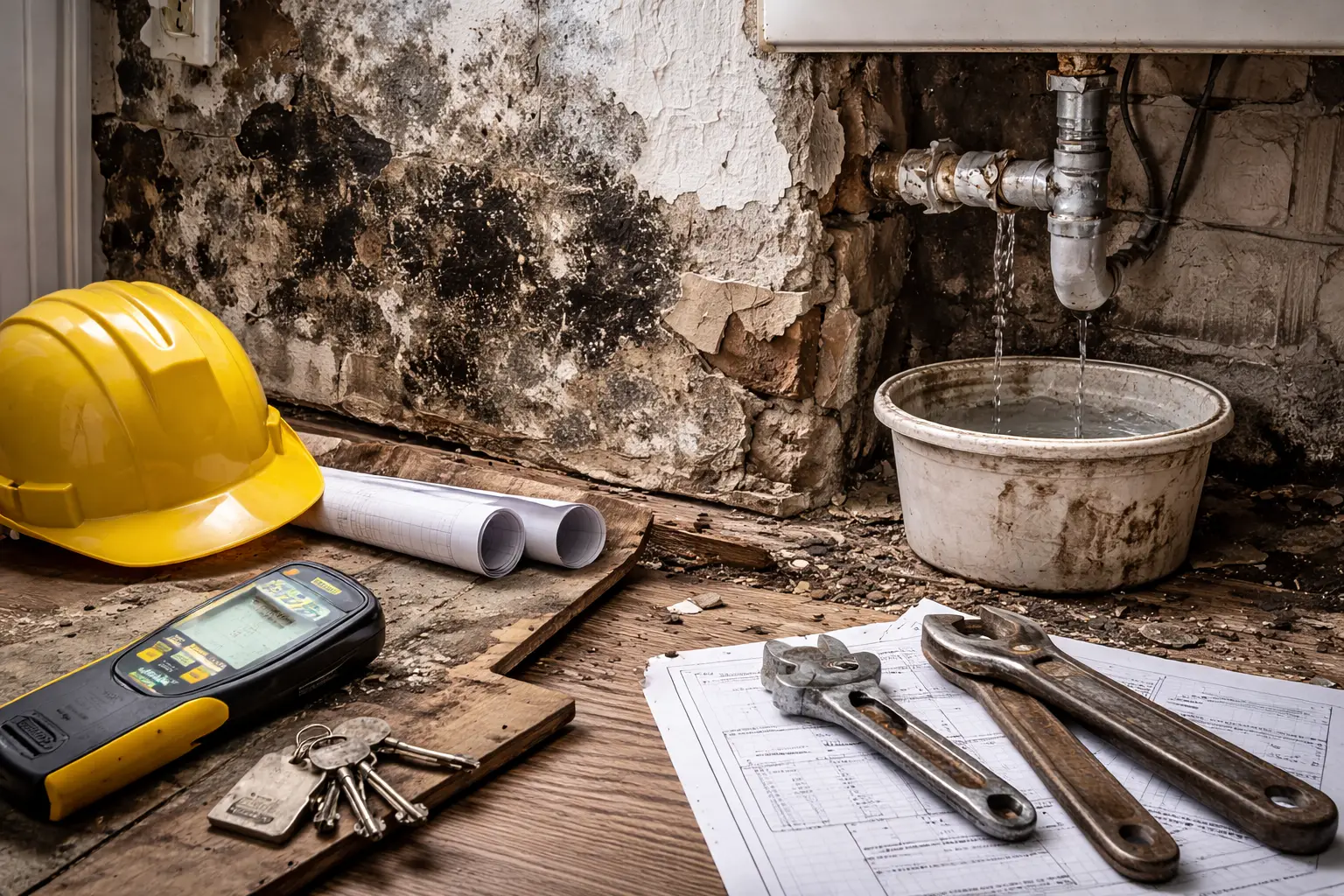 pared con moho y desconchones junto a una tuberia con fuga y un cubo recogiendo agua, ejemplo de vicios ocultos en una vivienda de segunda mano