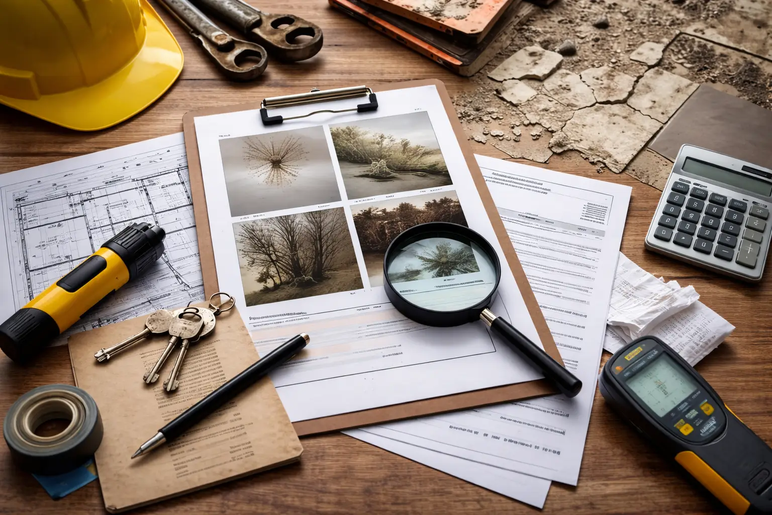 mesa con planos y documentos de inspeccion de vivienda, llaves, lupa y herramientas para detectar vicios ocultos en una vivienda de segunda mano
